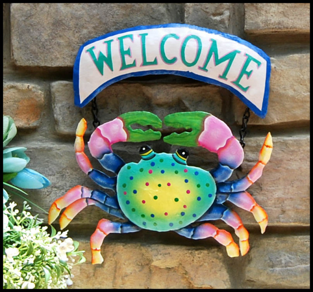 Hand painted metal crab welcome sign. Coastal décor, Created from recycled steel drums in Haiti.