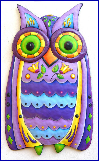 Colorful Owl Wall Hanging Hand Painted Metal Art Whimsical - Metal Owl Wall Art